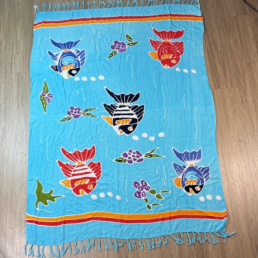 Vibrant Fish Design Scarf in Blue and Red